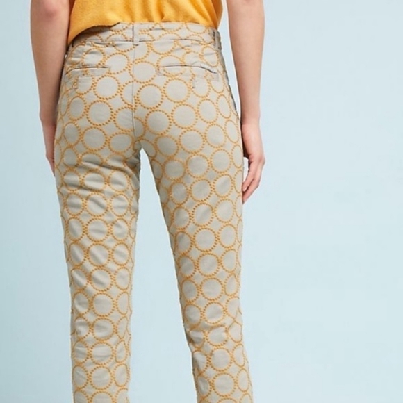 CHINO By Anthropologie Relaxed Circle Embroidered Khakis Pants Tan Yellow 26 - Picture 2 of 5